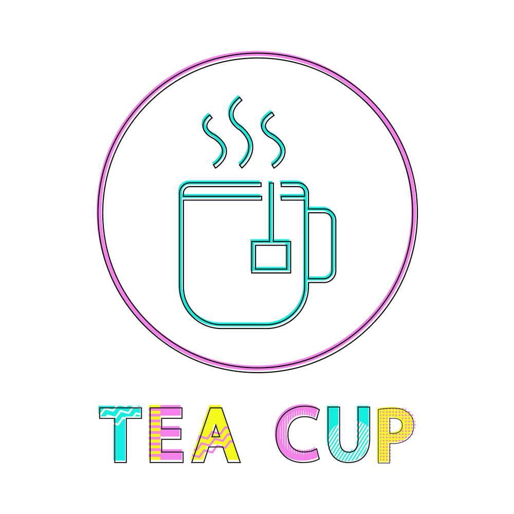 Tea cup steaming with drawstring teabag rounded linear icon isolated. Hot beverage color flat illustration in frame for break or pastime promo poster.. Steaming Cup with Hot Tea Beverage Lineout Icon