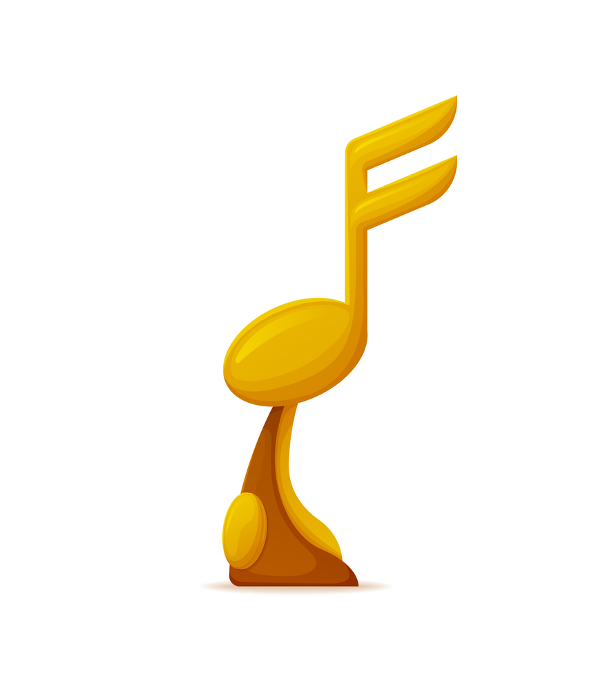 Golden award of winner, sound vertical glossy prize. Music key and note trophy on white, symbol of melody event and victory cup, song and nominated vector. Golden Award of Winner, Sound Glossy Prize Vector