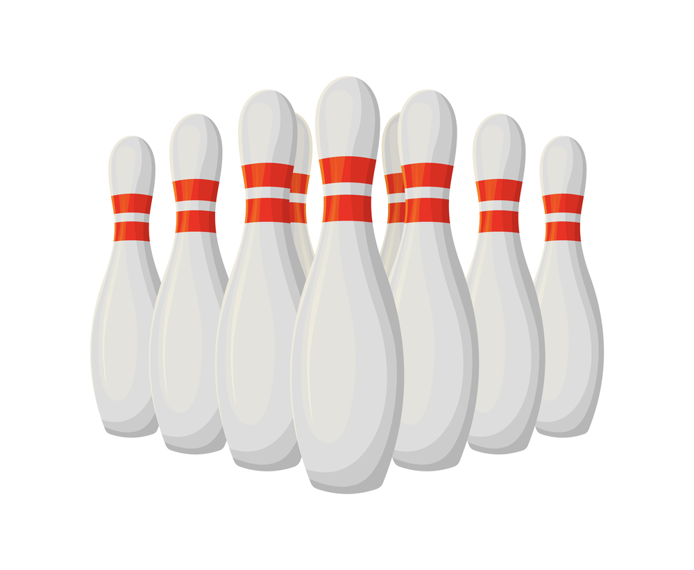 Bowling activity vector, isolated icon of skittles standing in row. Tournament game and sport, championship hitting objects with painted top. Active hobby. Bowling Activity, Skittles Standing in Row Icon