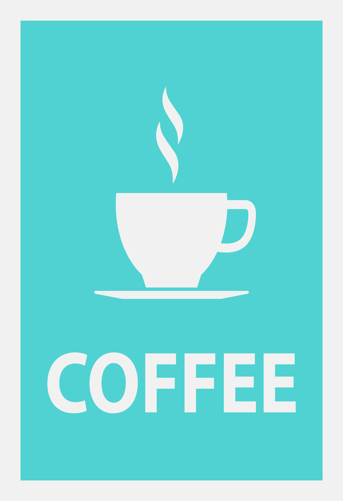 Poster for coffeehouse, coffee cup and steam vector. Hot vapor, coming from mug with beverage, caffeine shop decoration. Minimalist silhouette on blue. Coffee Poster with Cup and Hot Steam, Silhouette