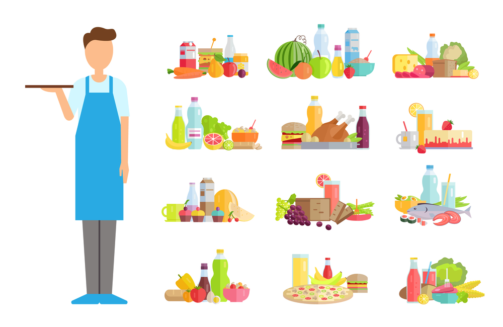 Serving man, waiter wearing apron vector. Isolated worker, burger and chicken poultry, bottle with beverage drink, fruits and vegetables tasty meal. Waiter Servant with Food Options of Shop Store