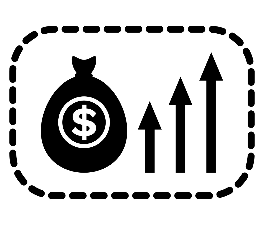 Bag filled with money vector, isolated silhouette icon with growing arrows. Financial success and wealth. Cash in container, infographics business result. Black color on white background. Business Income, Profit from Project Silhouette
