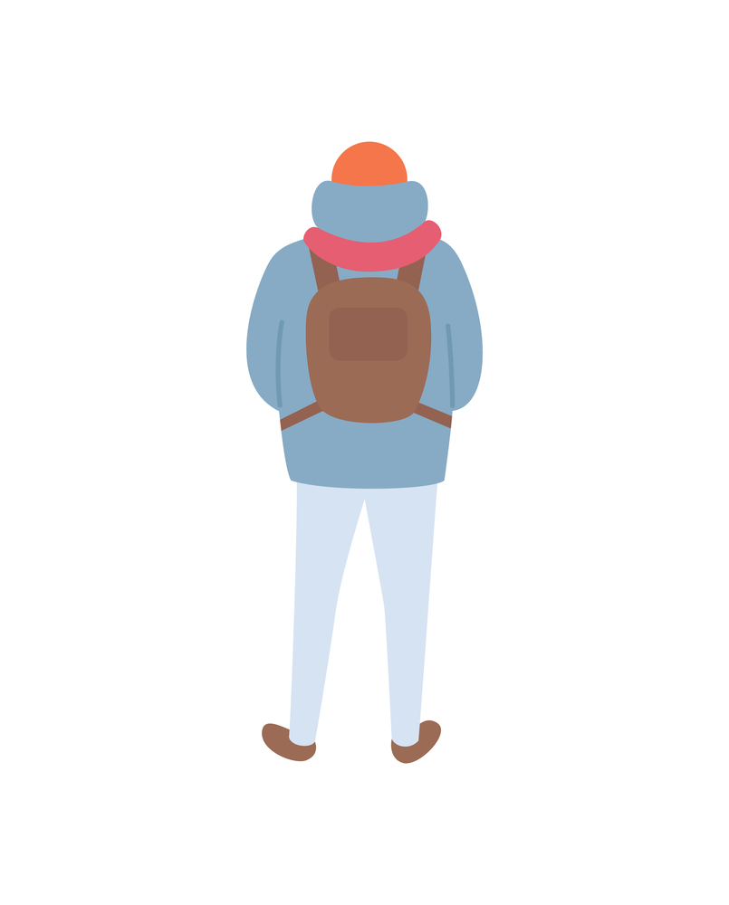 Person standing back, dressed hat and down-jacket with hoot and scarf, backpack on back, trousers and boots. Card with human in full length vector isolated. Person Standing Back with Backpack Vector Isolated