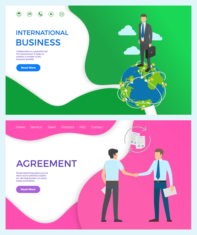 International collaboration for improvement business. Agreement, social networking allows to reach potential customers. Vector businessman shaking hands. Website, webpage template landing page in flat. International Business Collaboration, Agreement