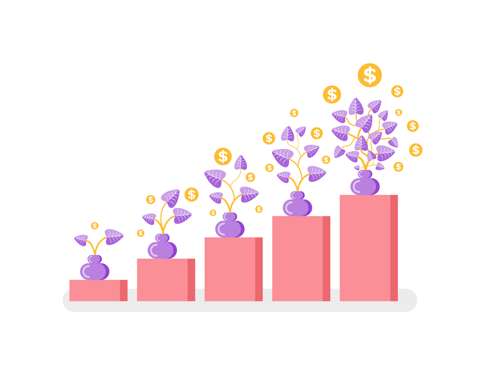 Coins growing on plant in pot, money or profit growth vector. Chart and profit increase, business development and wealth isolated graphic, gold coins. Money or Profit Growth, Coins Growing on Plant