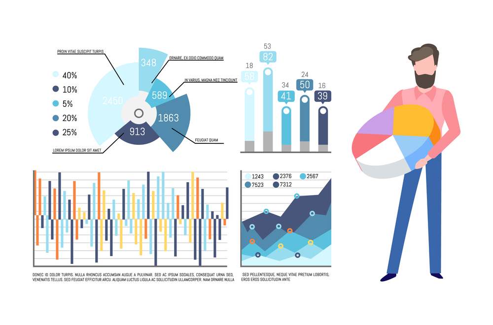 Infographics and charts vector. Businessman with pie diagram having colored sectors. Visualization of data, presentation of information in visual form. Pie Diagram in Hands of Man, Infographics Set