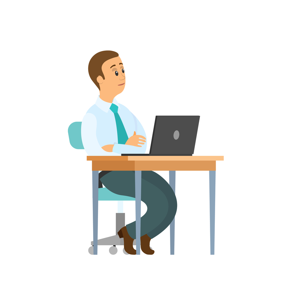 Man sitting on chair at table with computer with crossed hands. Isolated office worker at work place, open notebook on desktop vector male person in tie. Worker on Chair, Notebook and Table, Crossed Hands