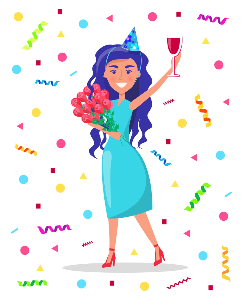 Woman celebrating birthday at party vector. Person with alcoholic drink in hands, flying confetti and funny mood. Celebration of anniversary partying. Birthday Girl Holding Bouquet of Roses and Glass