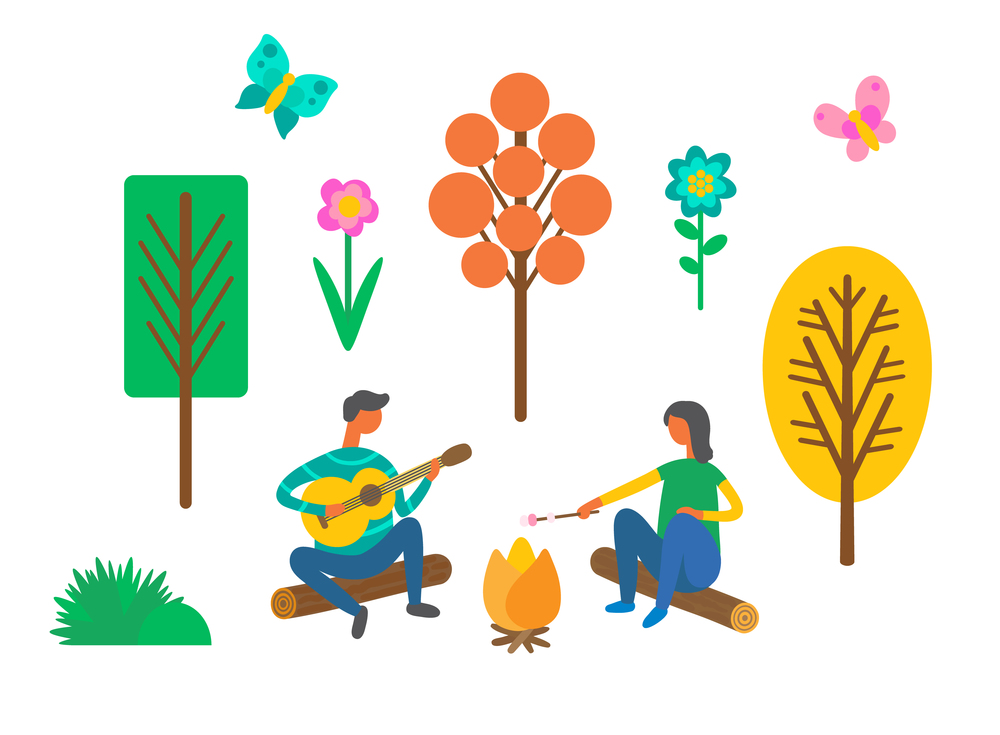 Camping travel, couple near campfire with guitar and marshmallow vector. Nature, trees and flowers, butterflies and bushes, outdoor summer activity. Forest Camping, Couple near Campfire with Guitar
