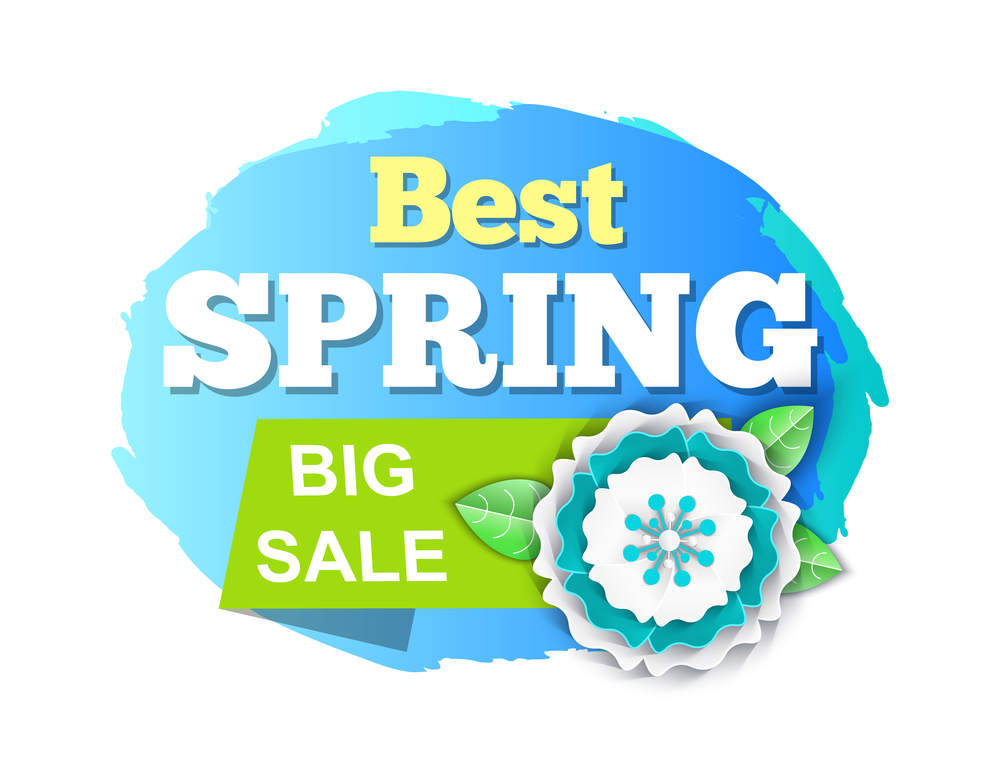 Best spring big sale discounts on products isolated icon vector. Flora blooming, ribbons with promotional text and flower with petals and leaves spring. Best Spring Big Sale Discounts on Products Icon