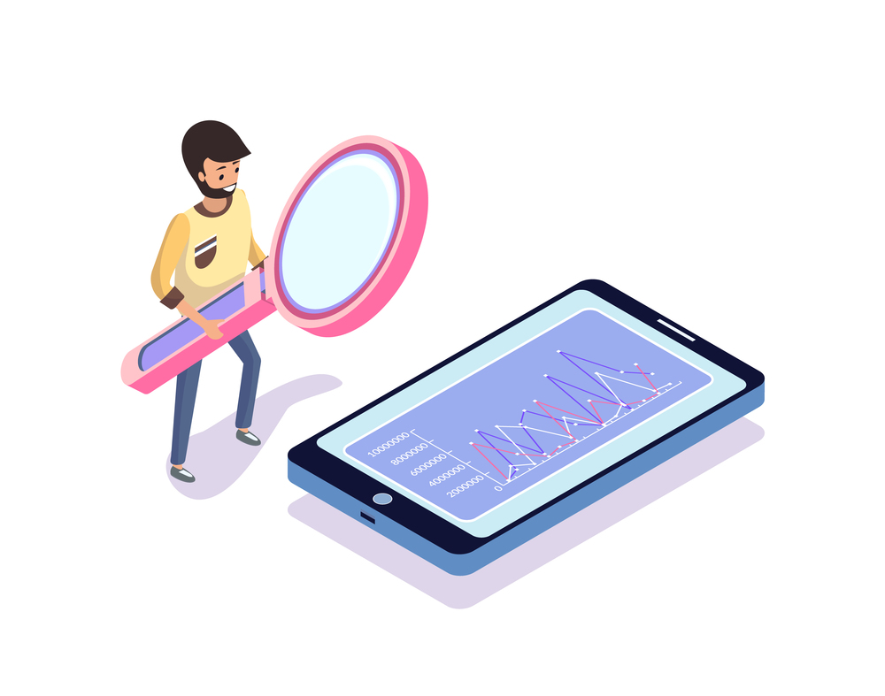 Man looking at chart in phone, standing person holding magnifier, growth on screen. Human holding big loupe, grey colorful screen with chart vector. Man with Magnifier Looking at Phone, Chart Vector