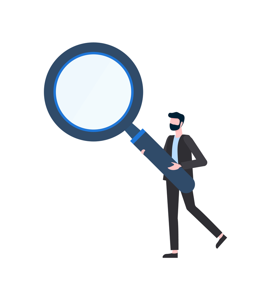 Man holding big magnifier, portrait view of person. Human inspection in suit with loupe, searching and exploration, blue lens, looking element vector. Man Holding Magnifier, Human Inspection Vector