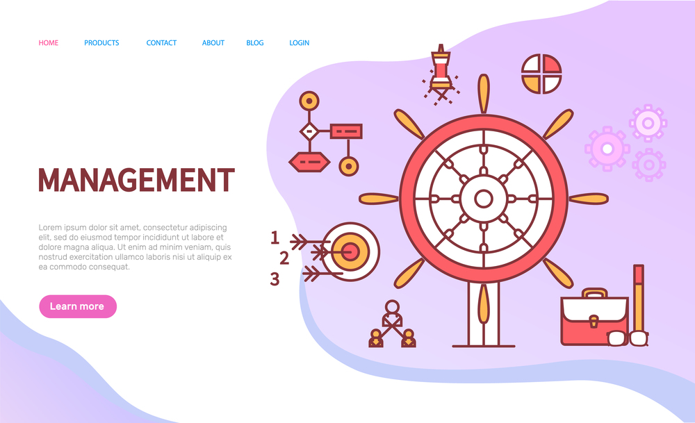 Management web system, flat icons of finance and computer. Website of business concept with button and links. Planning and research skills vector. Webpage template landing page in flat. Management Web System, Finance and Computer Vector