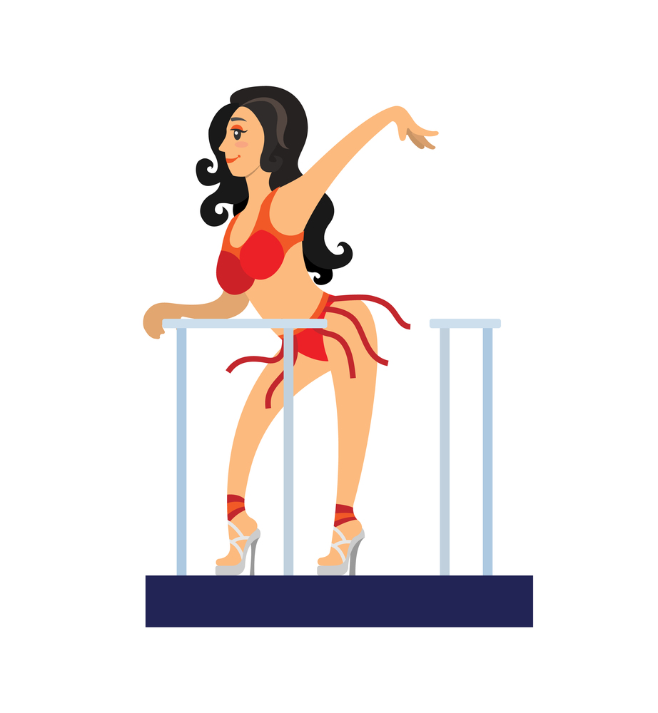 Go-go dancer on stage in beautiful red costume. Girl with long dark hair and high hills dancing in night club. Festival evening entertainment vector. Go-go Dancer on Stage in Beautiful Costume Vector