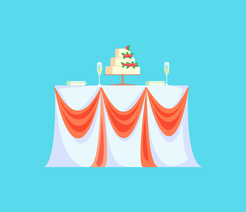 Restaurant table with wedding cake for celebration vector. Isolated icon of meal to celebrate engagement, ribbons on tablecloth and empty glasses. Restaurant Table Wedding Cake Holiday Celebration