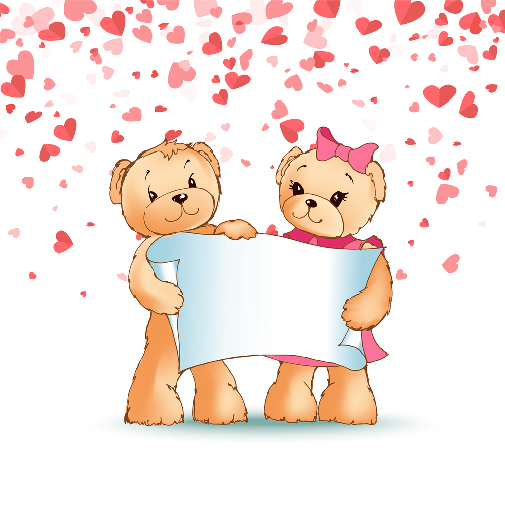 Happy teddy bears family holding paper scroll with spare place for text in paws, isolated on background of symbols of love. Romantic plush toys, Valentines Day. Happy Teddy Bears Family Holding Paper Scroll