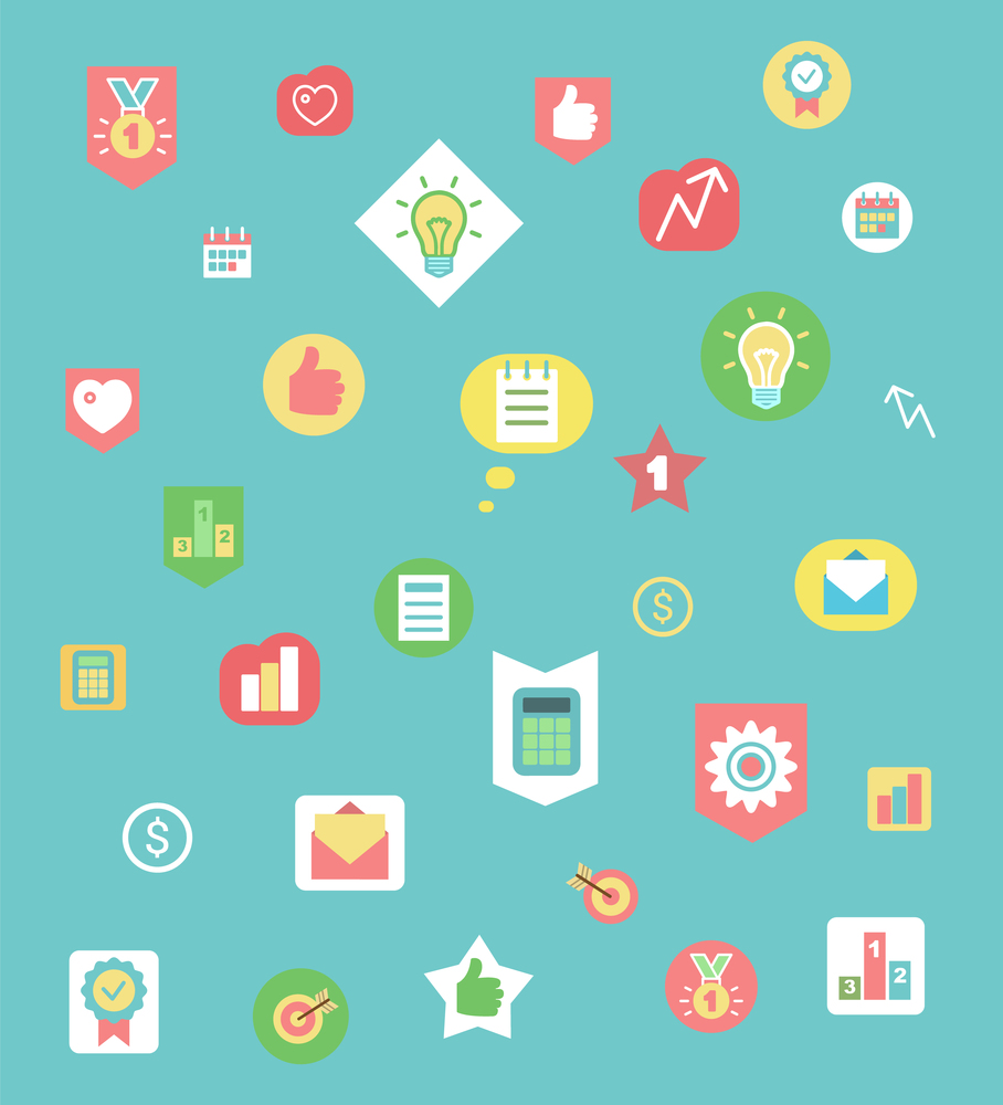 Business icons pattern, work items and graphics vector. Idea symbol or light bulb, medal and calculator, message and dollar sign, thumb up and target in flat style. Work Items and Graphics, Business Icons Pattern