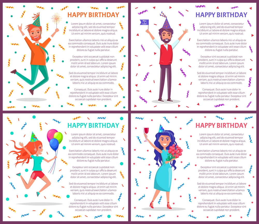 Happy birthday people on party vector, man and woman celebrating, text poster. Male holding flag, lad with inflatable balloons, wine and roses bouquet. Happy Birthday People on Party Celebrating Poster