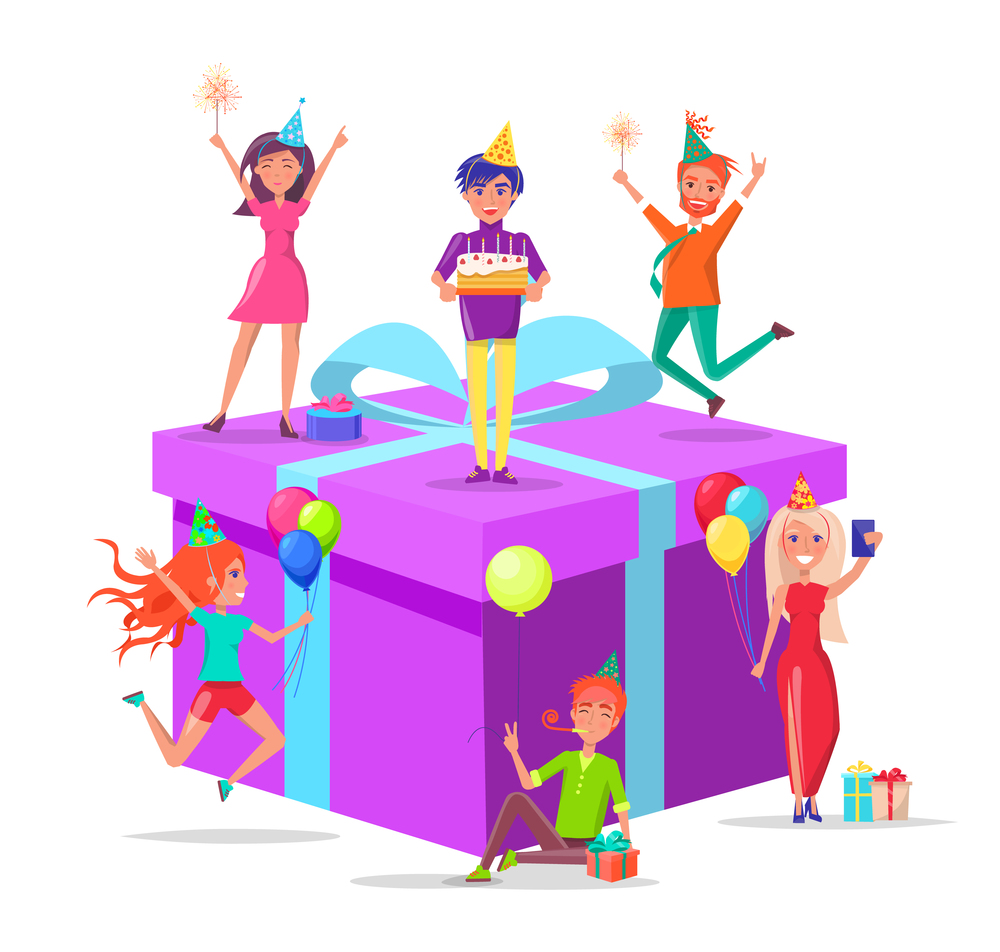 Birthday present prepared by people vector, man standing with creamy cake and candles. Woman taking selfie with inflatable balloons, lady with sparkler. Birthday Present Prepared by People with Cake
