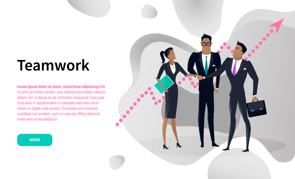 Teamwork web page, businessman and businesswoman, graphic of growth vector. Office workers in suits with briefcase and folder of documents, cooperation. Cooperation or Teamwork Online Internet Website