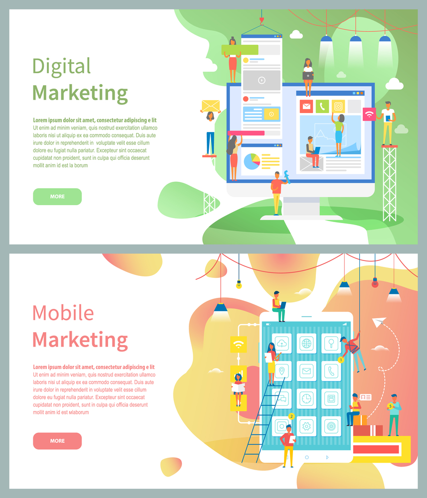 Mobile and digital marketing online pages, modern devices vector. Computer screen and tablet or smartphone, Internet market research and development. Digital and Mobile Marketing Pages, Modern Devices