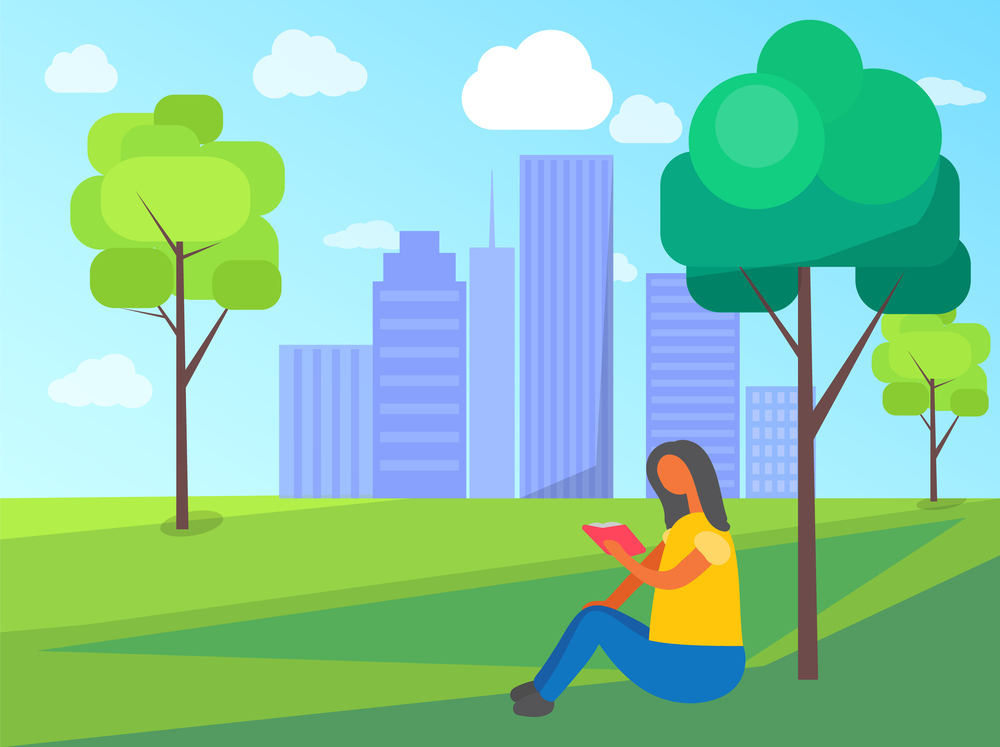 Woman sitting on grass in city park and reading book on background of skyscrapers. Vector cartoon girl with textbook in hands. Female reader on nature. Woman Sits on Grass in City Park and Reading Book