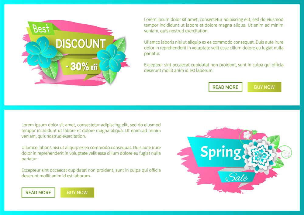 Spring decoration by flowers on web poster with text sample. Best spring discount 30 percent off price banner vector. Special offer proposition seasonal sale. Spring Decoration by Flowers on Web Posters Set