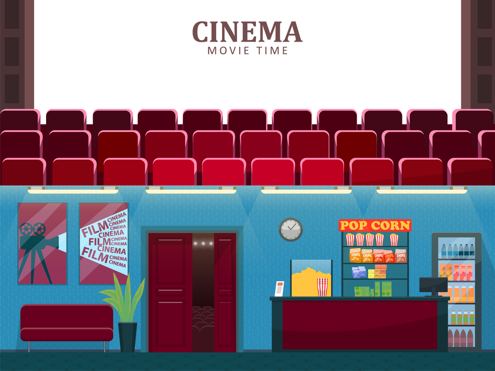 Cinema vector, movie theatre interior with sofa. Entertainment hall with seats for watching films, plant in pot, foliage decor, counter with food and snacks. Cinema, Movie Theatre Interior with Sofa to Wait