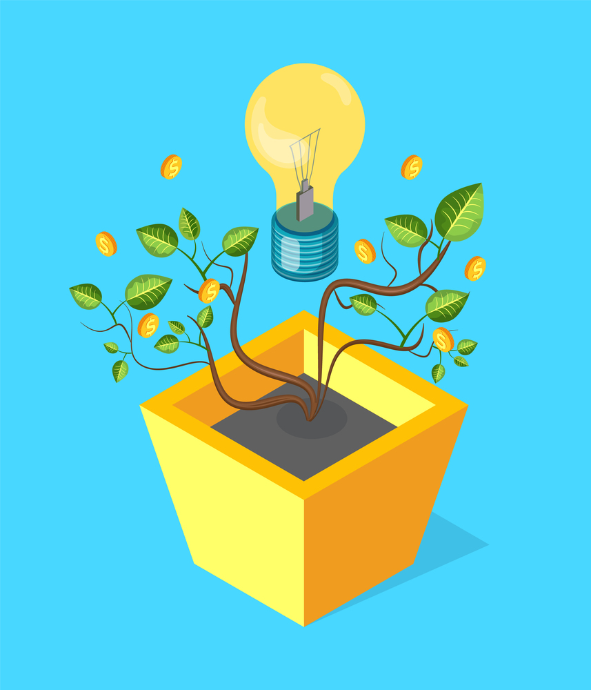 Money tree with leaves vector, coins and glowing lightbulb. Financial assets, flowerpot with soil and growing plant with foliage and trunk, golden dollars. Money Tree with Leaves Coins and Glowing Lightbulb