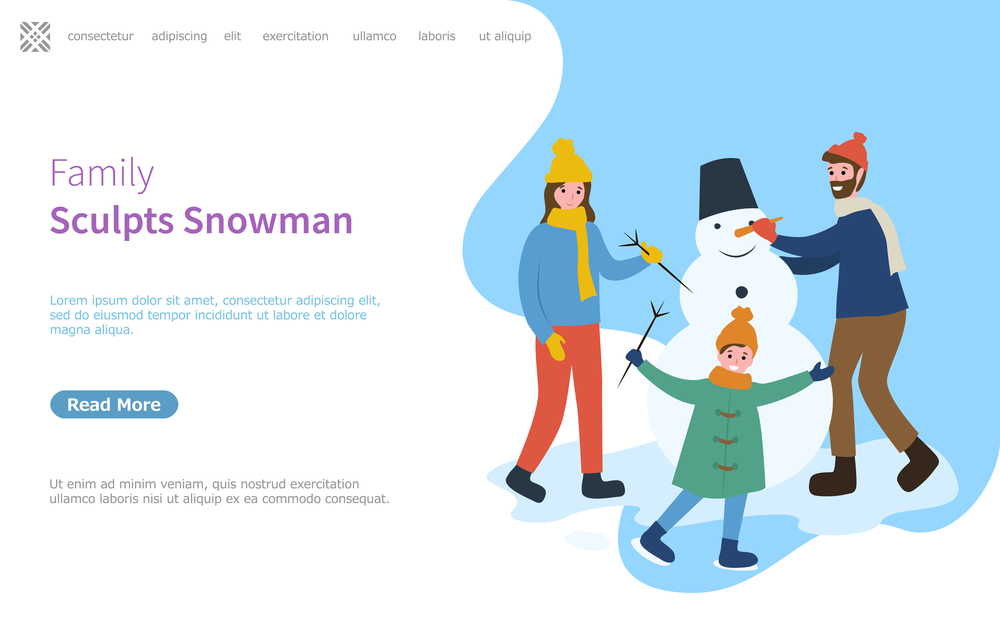 Family sculpts snowman, father and mother with kid holding branch vector. Man made of snowballs wearing bucket on heat, character with carrot nose. Family Sculpts Snowman, Father and Mother with Kid