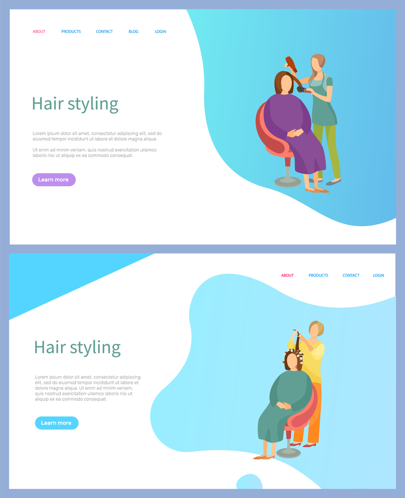 Hair styling services vector, straightening and curling. Hairdresser or stylist in apron and female client, beauty service online appointment order. Website or webpage template landing page in flat. Hair Styling Services, Straightening and Curling