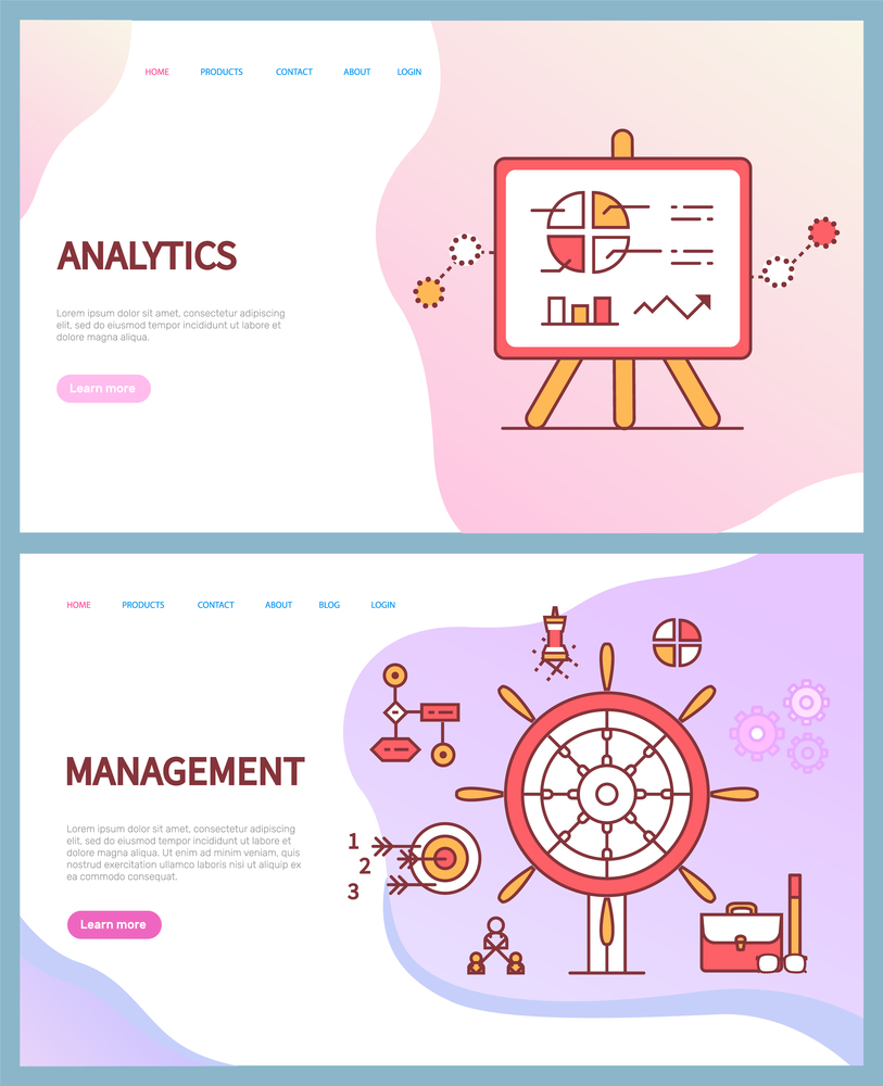 Analytics and management vector, business online web pages. Presentation with graphics and diagrams, steering wheel and target with arrows, briefcase. Website template landing page in flat. Analytics and Management, Business Online Pages