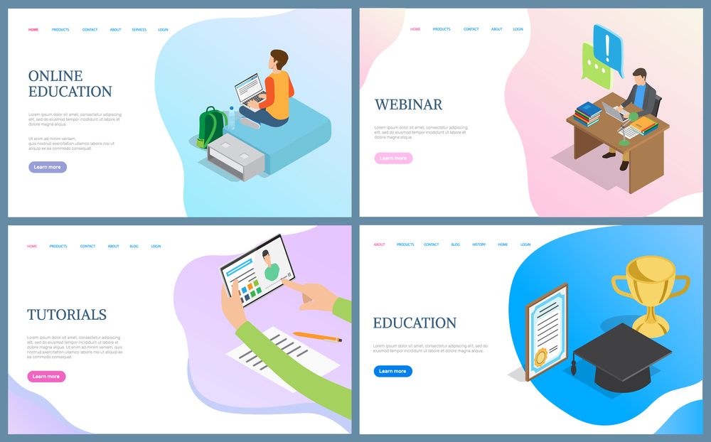 Education and tutorials, webinar web pages. Person working with laptop, using tablet. Website, online learning concept, rewards of graduating vector. Template landing page in flat. Online Education and Tutorials, Webinar Web Vector