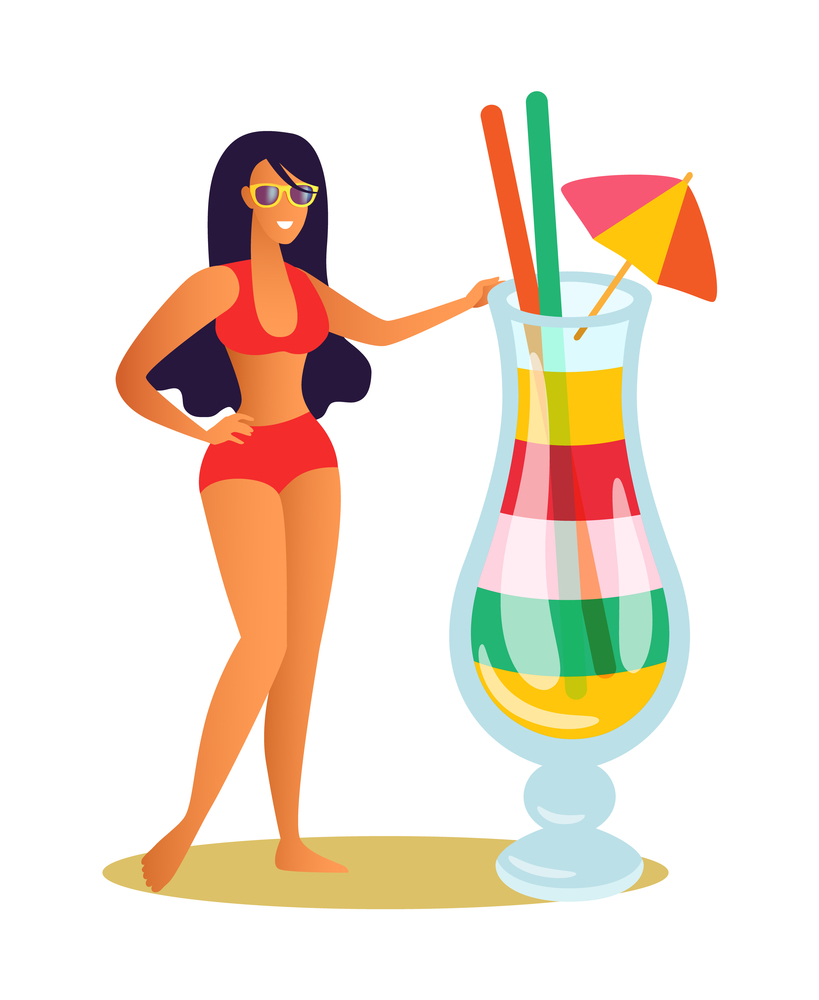 Tourist on beach vector, exotic cocktail served with umbrella and straws. Partying lady wearing sunglasses, cool drink in glass,tropical vacations holiday. Person Lady Partying, Woman with Cocktail Glass