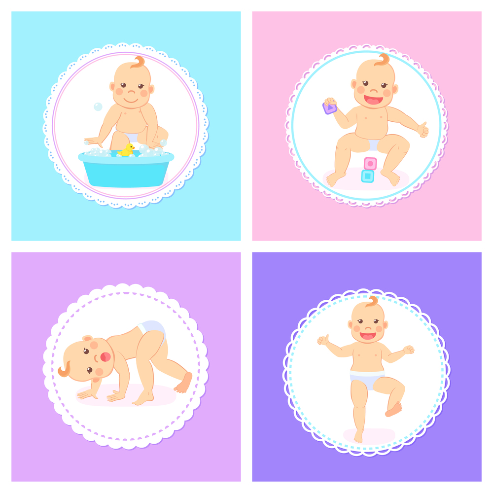 Small kid active child vector, container with bubbles and rubber duck, playing kiddo flat style. Crawling and dancing children newborn baby in diaper. Baby Crawling and Dancing, Active Children Set