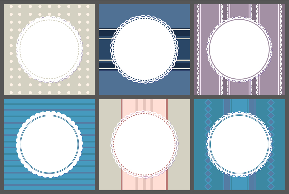 Round spare frames on stripped. Vector circle border place for text, ornamental framing on purple, blue and pink. Mockups of banners, templates of info cards. Round Spare Frames on Strips. Vector Circle Border