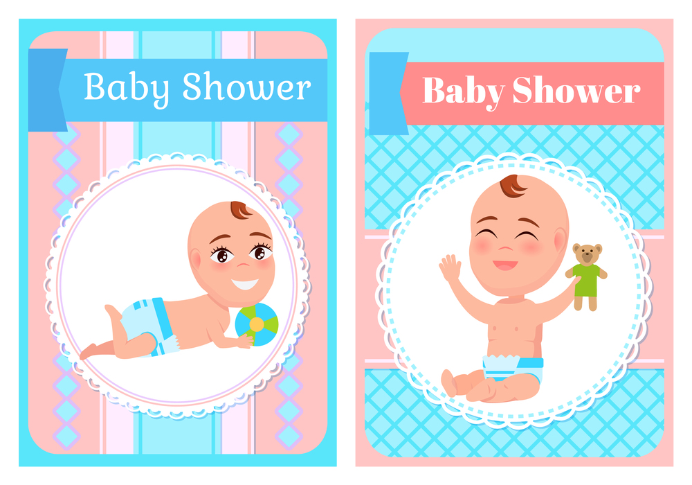 Baby shower posters set, six or seven month infant lying and playing with ball. Toddler sit and play with teddy bear. First year of child, daily activities. Baby Shower Posters Set Six or Seven Month Infants