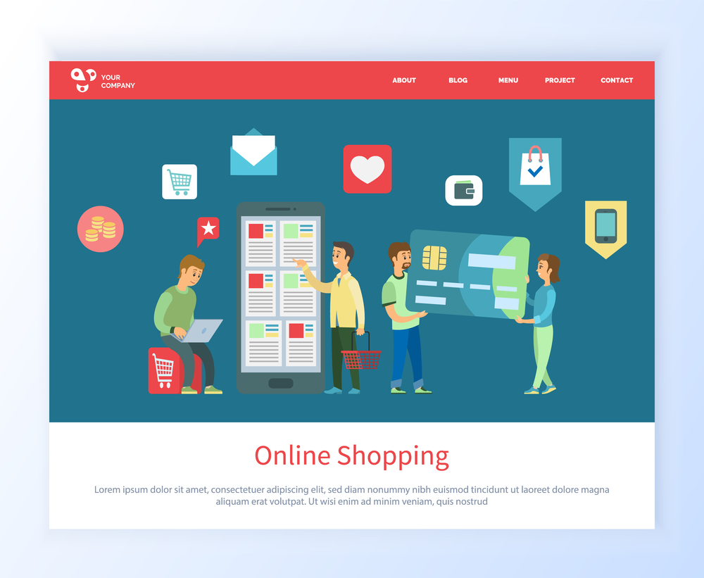 Online shopping people with smartphone vector, man and woman with big credit card, male with cart and laptop looking for purchases to make . Website or webpage template, landing page flat style. Online Shopping Buying of Product on Website Web