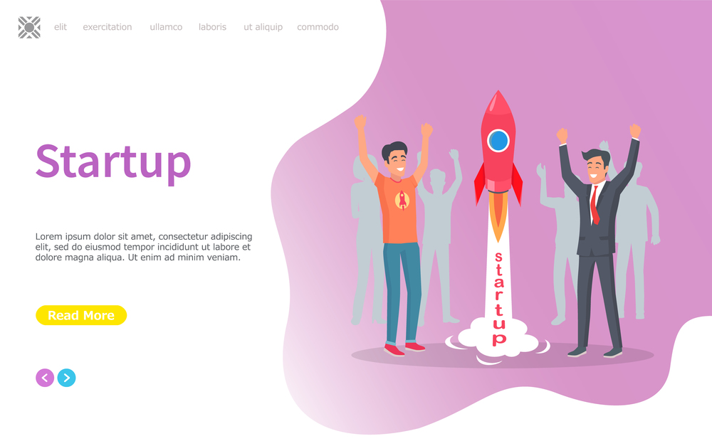 Spaceship launching, new business project vector. Successful start of ideas realization, achievement of success, businessman happy of results. Website or webpage template, landing page flat style. Startup Launching of Rocket, People with Craft