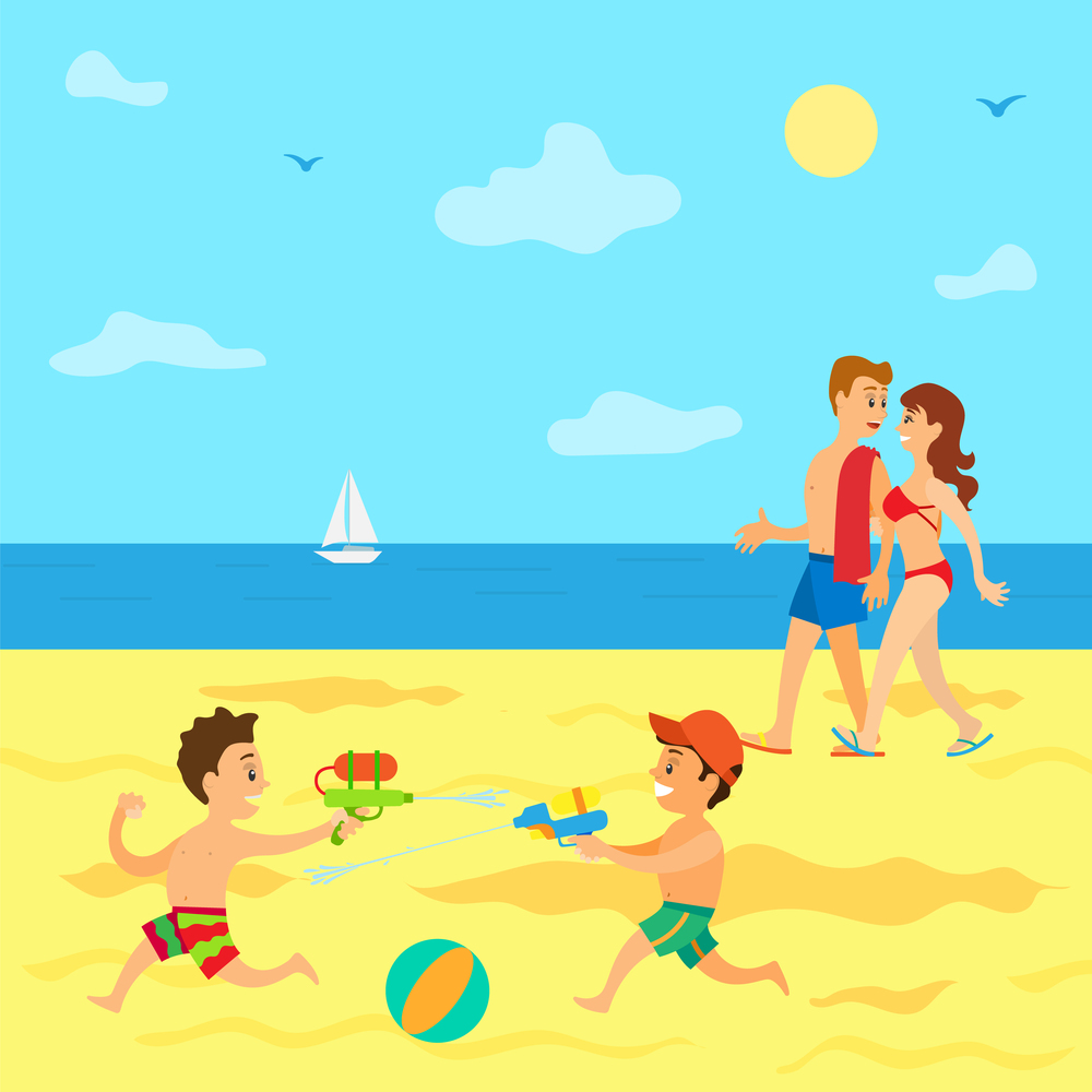 Summertime vacations of kids vector, parents walking along sea while children having battle with guns. Sailboat on water surface, water fight of boys. Seaside Relaxation of Parents and Kids in Summer