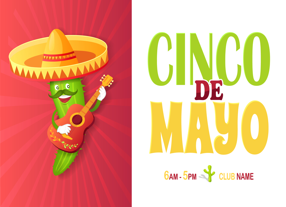 Cinco de Mayo festival, Mexican cactus in sombrero vector invitation card. Plant with mustache and guitar, Mexico symbol, mariachi and musical instrument. Mexican Cactus in Sombrero, Guitar and Mustache