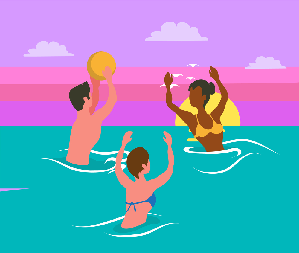Man tossing big colorful ball, women catching it, water sport activity. Portrait and back view of friends wearing swimsuit, splashing in sea vector volleyball. People Splashing in Sea, Playing Volleyball Vector