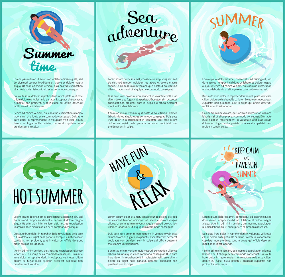 Hot summer poster with text vector, people on vacation, sea adventures of tourists. Lady laying in lifebuoy, swimming people, crocodile in water set. Sea Adventures of People, Hot Summer Posters Set