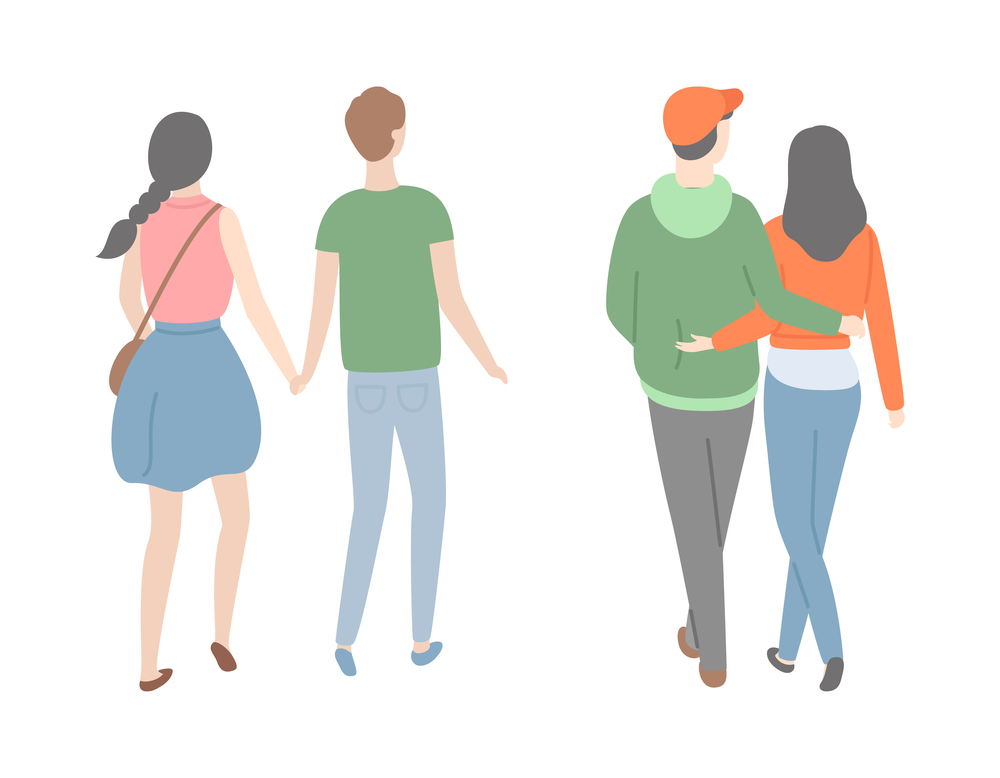 Happy couple back view, dating lovers, isolated people. Vector male and female cartoon characters spend time together. Man and woman in love holding hands. Happy Couple Back View, Dating Lovers, People