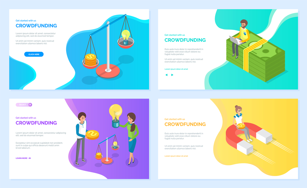 Crowdfunding vector, people scaling money finances and idea represented in form of lightbulb. Banknotes and magnet attracting profit benefit. Website or webpage template, landing page flat style. Crowdfunding People with Money and Idea on Scale
