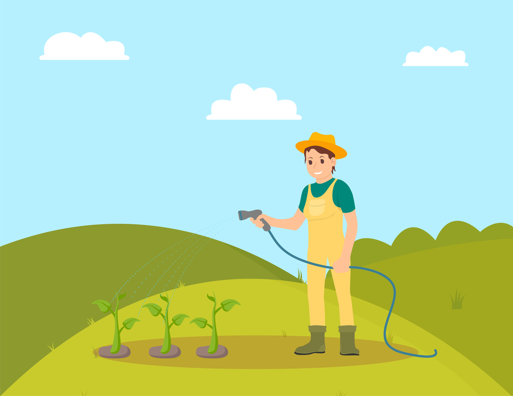 Farmer woman watering plants vector. Farming female person with hose on plantation taking care of growing vegetables. Horticulture and husbandry works. Farmer Woman Watering Plants Vector Illustration