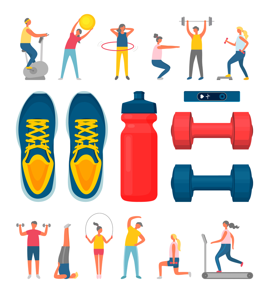 People using fitness ball vector, man with barbell and dumbbells. Woman running, and jumping, sportswear shoes and bottle of water, bodybuilders set. Sports Equipment and People Doing Exercises Set