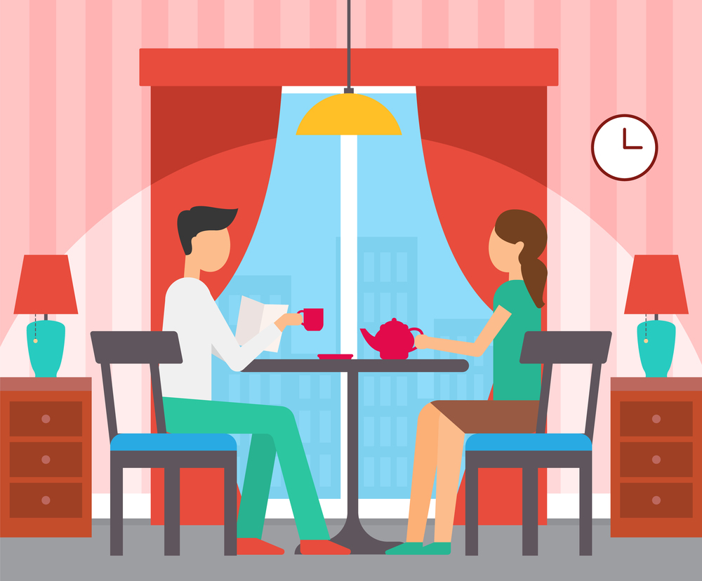 Man and woman sitting at table, girl holding teapot, boy reading papers. Design interior of room, panoramic window, nightstands with lamps vector. Man and Woman Sitting at Table in Room Vector