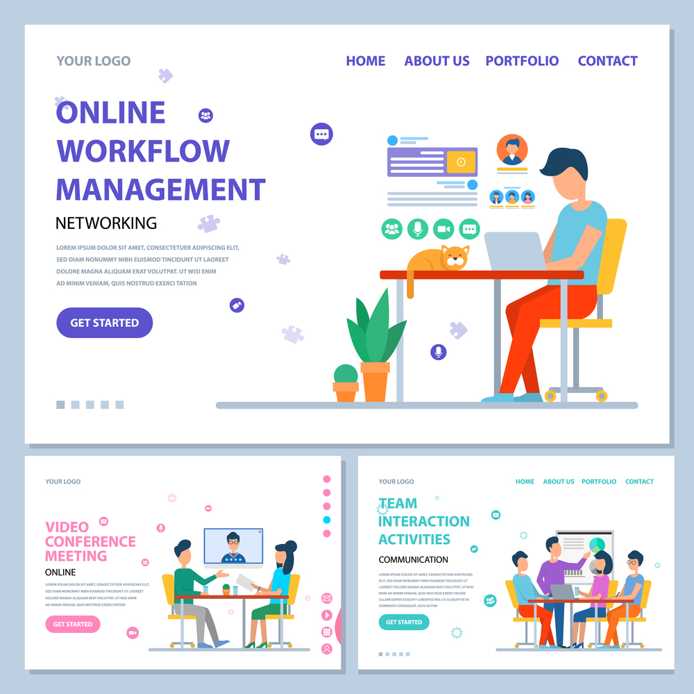 Online workflow management vector, team interaction activities and video conference with usage of new technologies and business innovations. Website or webpage template, landing page flat style. Online Workflow Management Website Online Info