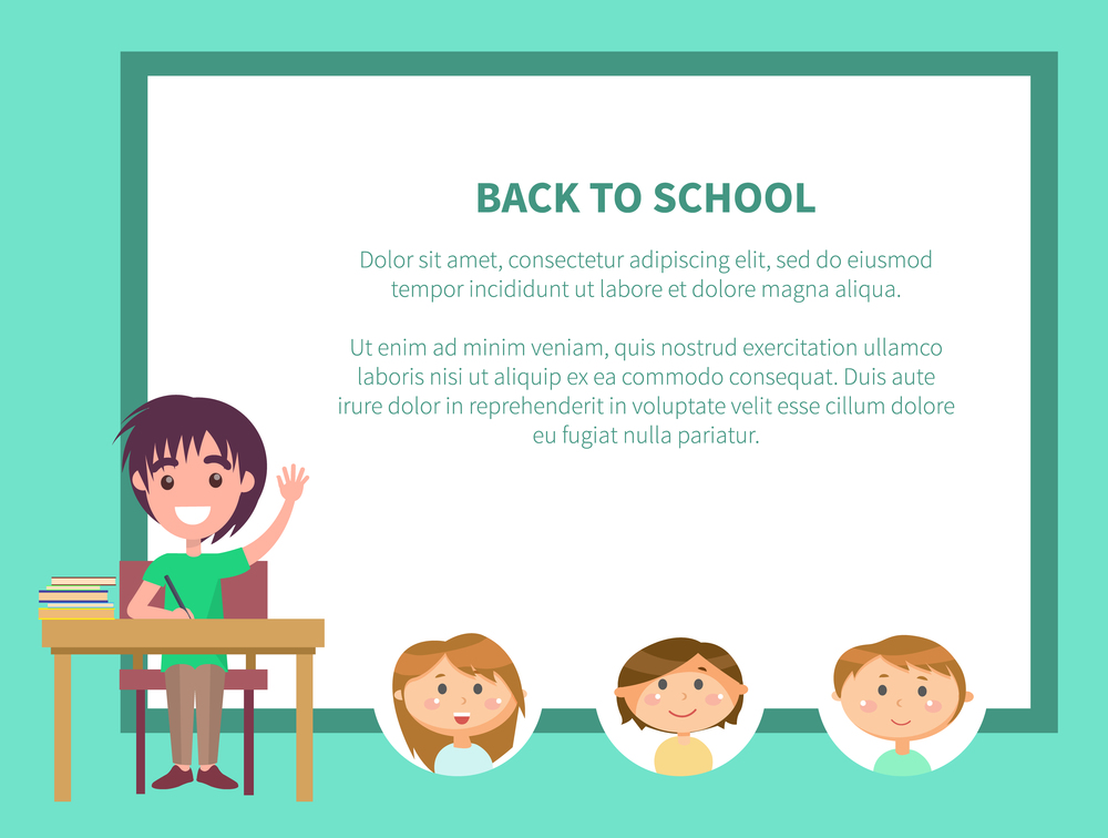 Back to school, classroom with kids vector. Poster with text, boys and girls studying together, classmates on lesson. Pupil sitting by desk with books. Back to School, Schoolboy Raising Hand Poster